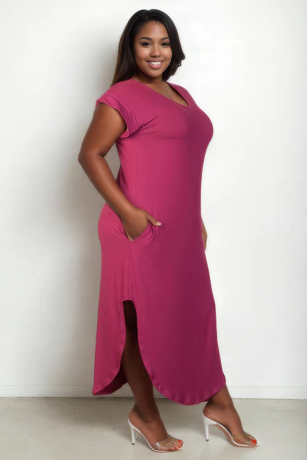Thumbnail: Plus Size Hidden Pocket Batwing Sleeve V Neck Long Dress