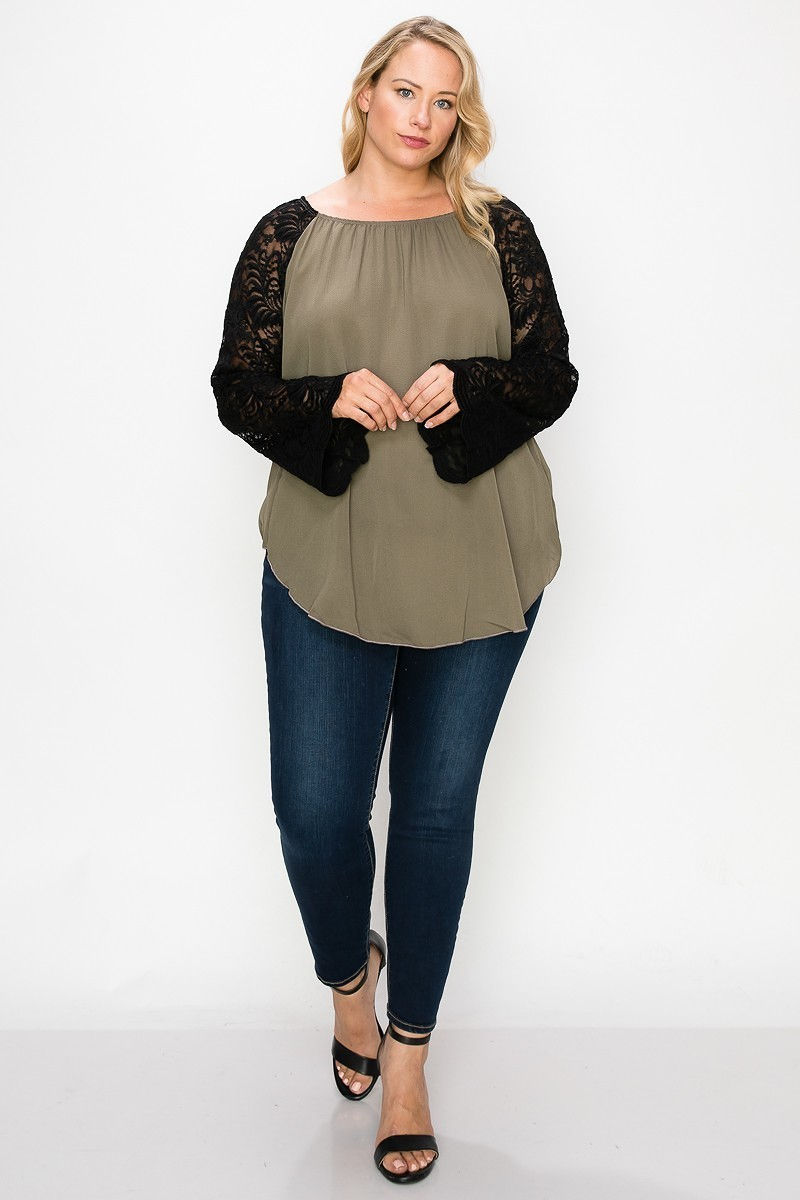 Thumbnail: Solid Top Featuring Flattering Lace Bell Sleeves