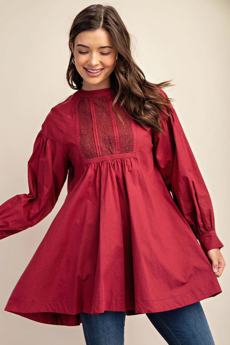 Thumbnail: Long sleeve mini dress with lace detail