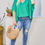 Thumbnail: V Neck Dolman Sleeves Front Waist Elastic Solid Top