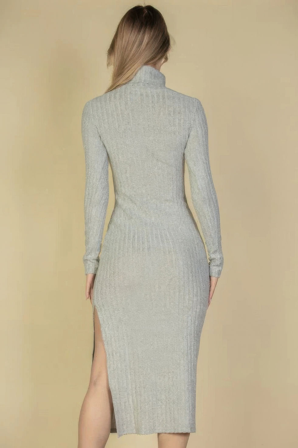 Thumbnail: Sweater-knit Fuzzy Turtle Neck Split Thigh Dress      