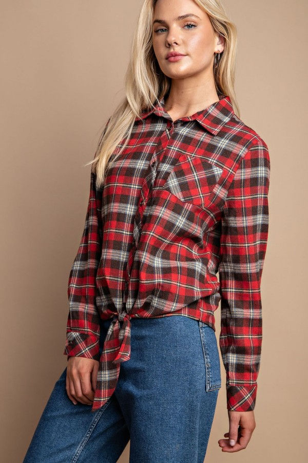 Thumbnail: Tie Front Button Down Plaid Shirt With Front Pocket