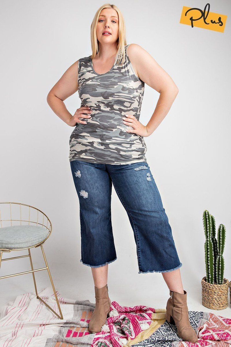 Thumbnail: Rayon Rib Printed Knit Tank Top