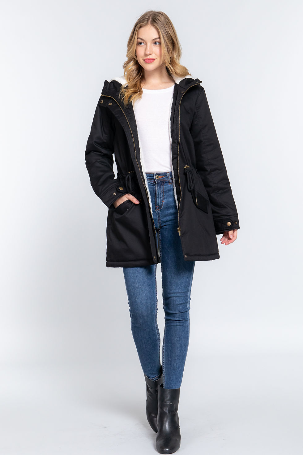 Thumbnail: Fleece Lined Fur Hoodie Utility Jacket            