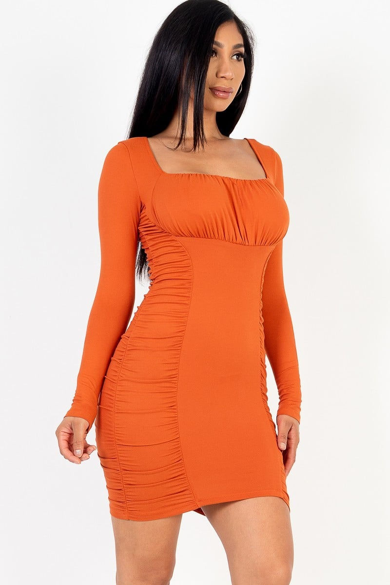 Thumbnail: U-neck long sleeve ruched bodycon mini dress
