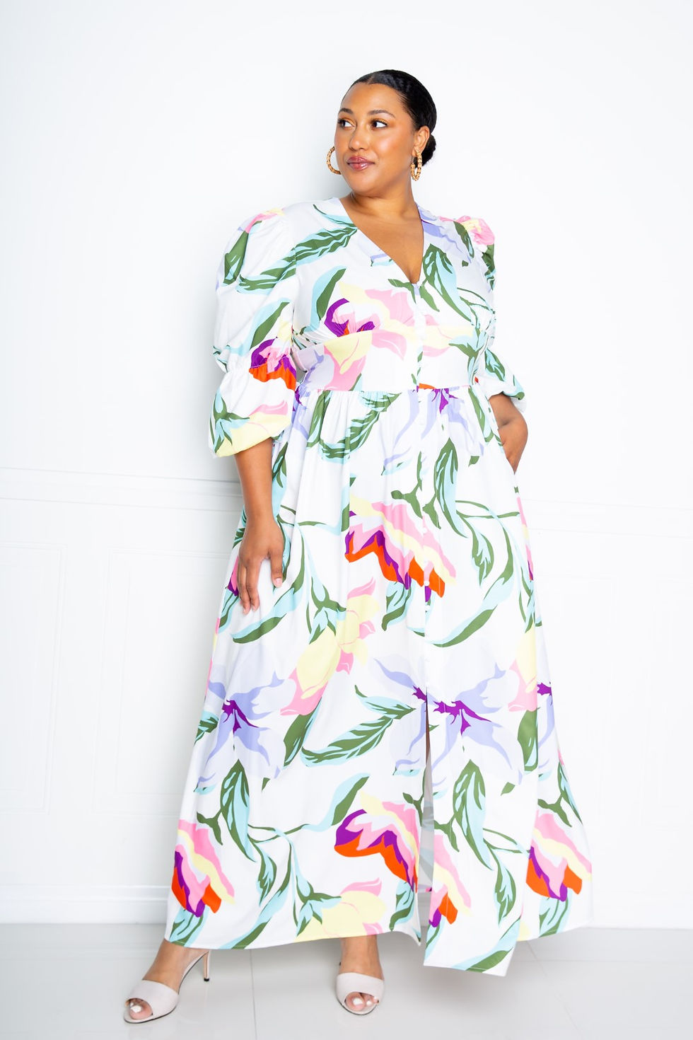 Thumbnail: Puff Sleeve Button Front Dress
