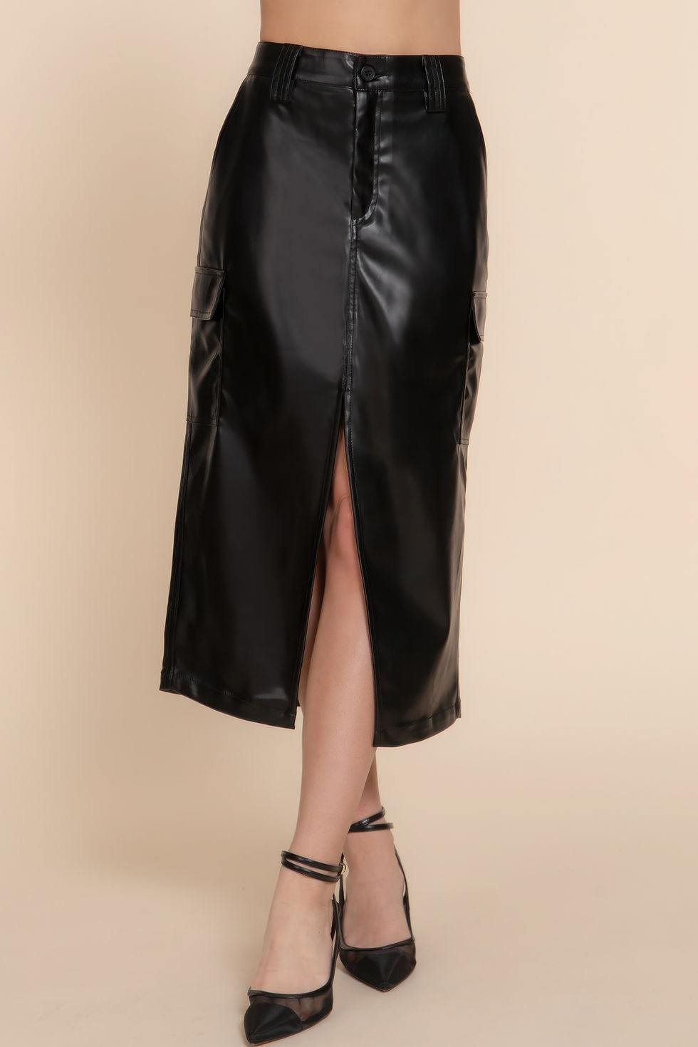 Thumbnail: Faux Leather Midi Cargo Skirt