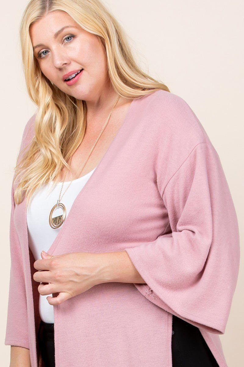Thumbnail: Plus Size Solid Hacci Brush Open Front Long Cardigan With Bell Sleeves