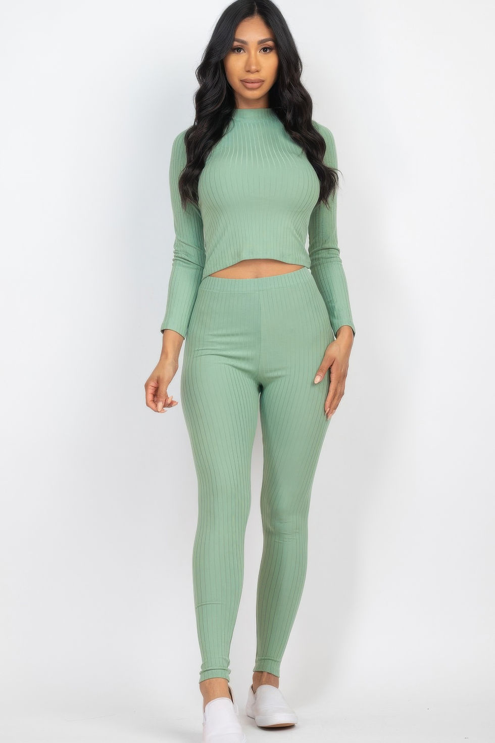 Thumbnail: Ribbed Mock Neck Long Sleeve Top & Leggings Set
