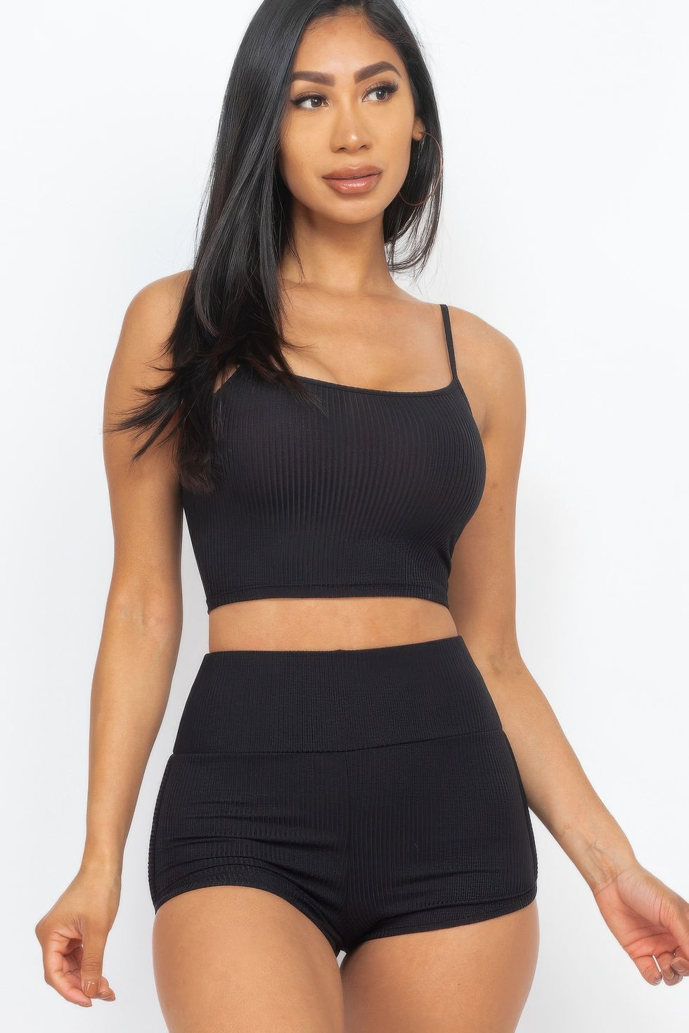 Thumbnail: Ribbed Cami Crop Top & Ruched Shorts Set