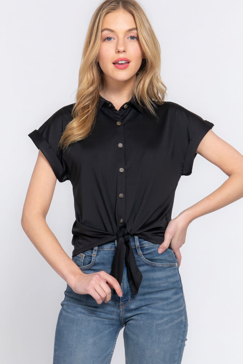 Thumbnail: Short Slv Front Tie Stretch Ity  Top 