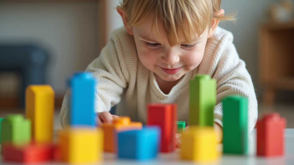 Eye-level view of a child playing with colorful building blocks