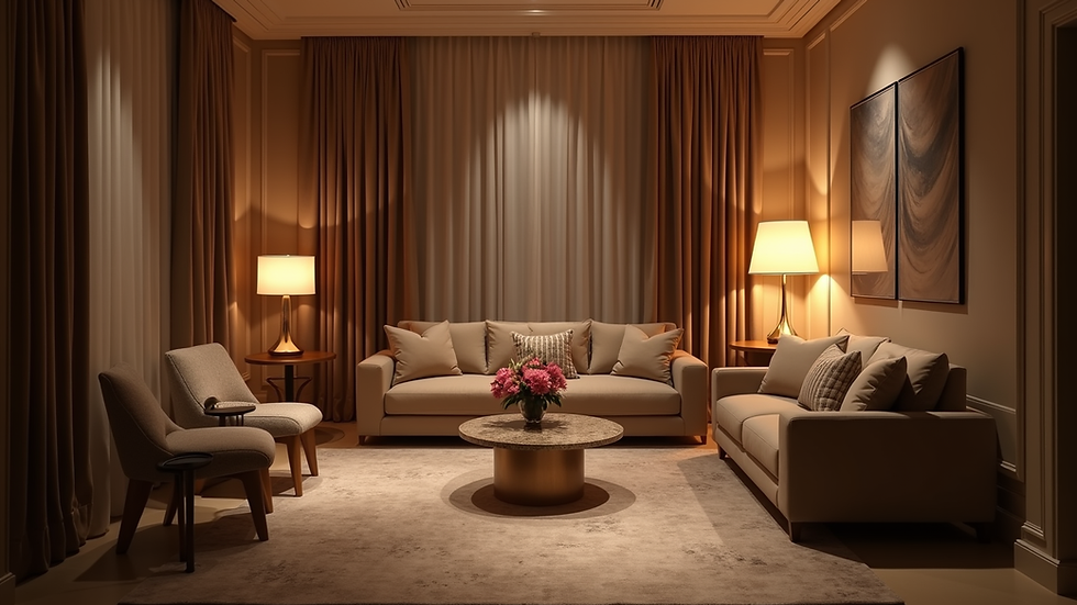 eye-level view of elegant private room with ambient lighting