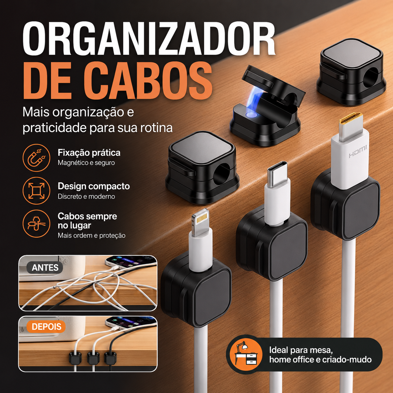 Organizador de Cabos Magnético para Mesa, Escritório e Carregadores