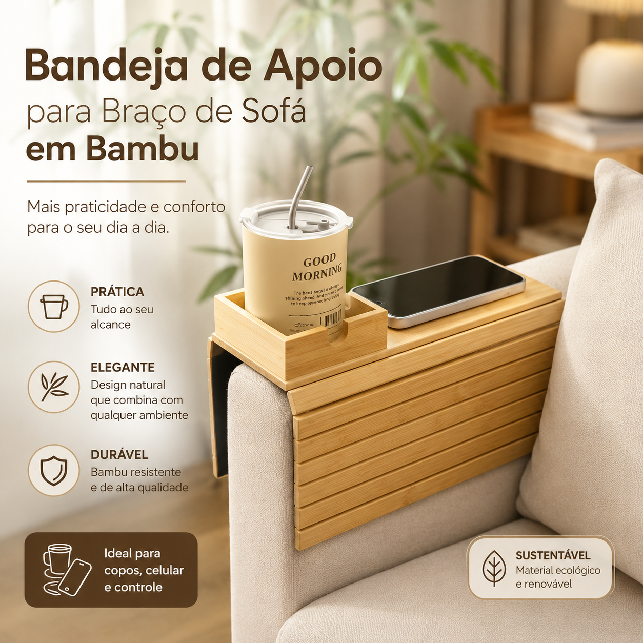 Bandeja de Apoio para Braço de Sofá em Bambu
