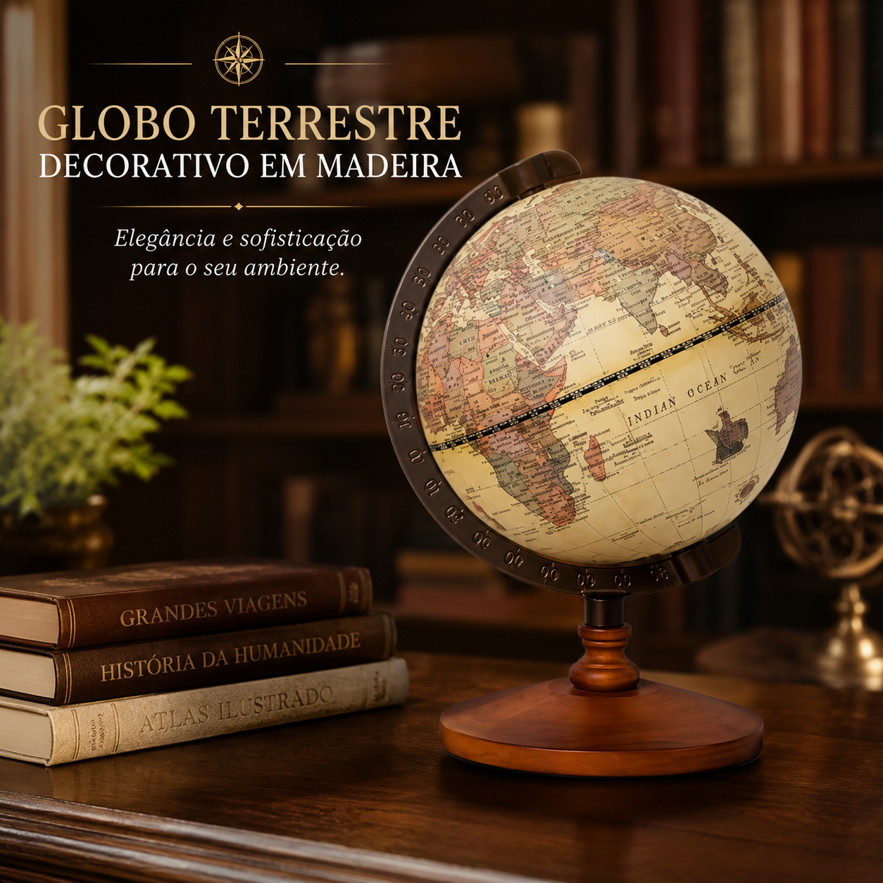 Globo Terrestre Decorativo Base de Madeira