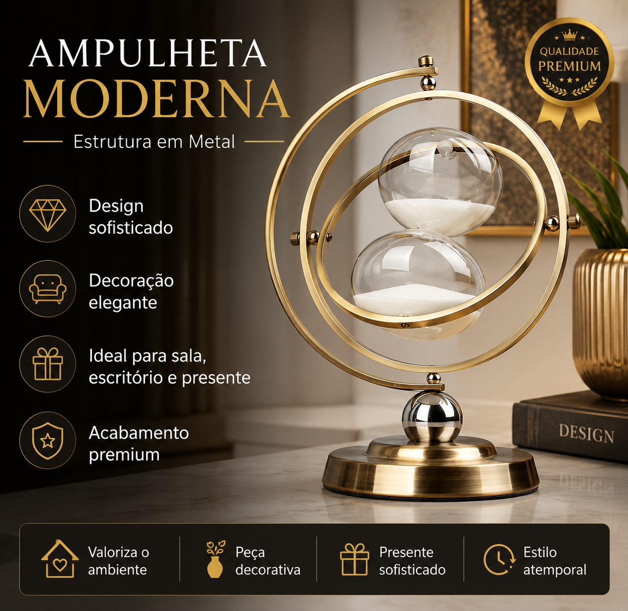 Ampulheta Moderna Dupla Decorativa em Metal e Vidro