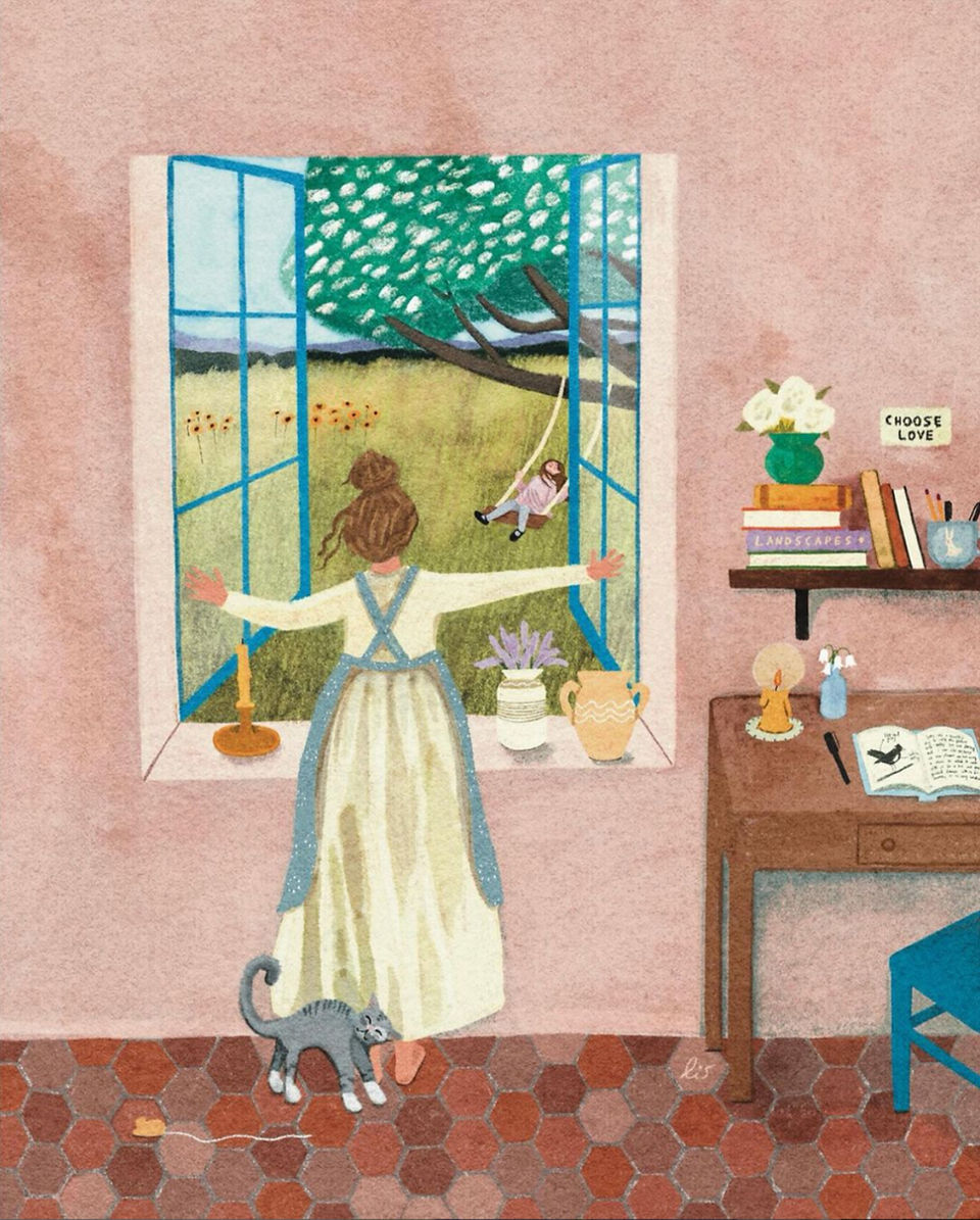 elisabeth dorrian, tableau montrant une femme ouvrant sa fenetre à la campagne