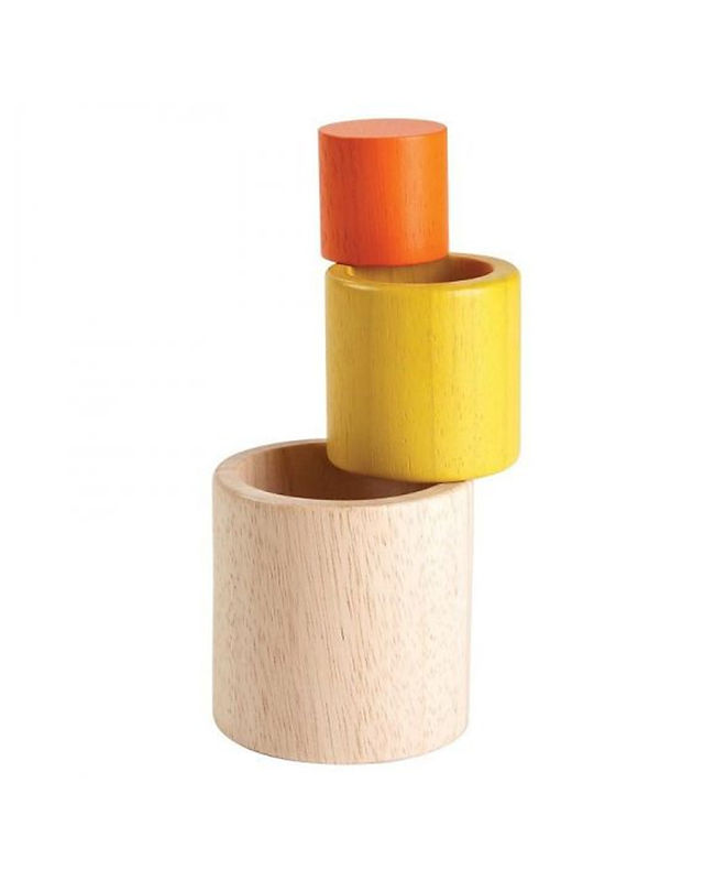 trois cylindres en bois jaune et orange à empiler Plan Toys