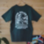 Dark green t-shirt with a white design featuring a cat and the words 'curiosity killed the cat...'
