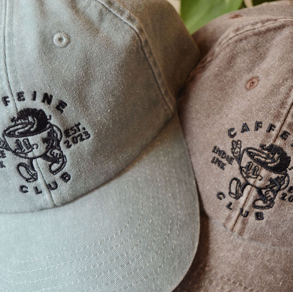 Thumbnail: Close up of two vintage style caps on a desk with small coffee themed design embroidered