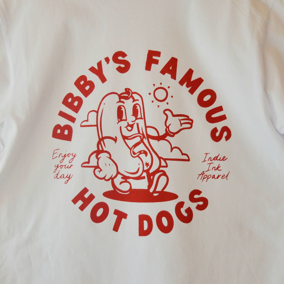 Thumbnail: Red hot dog design with writing 'Bibby's Famous Hot Dogs'