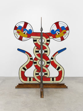 timo fahler, twin serpents, 2024, steel, stained glass, lead, rebar, 70" x 64" x 64" as part of Art Basel Miami with Sebastian Gladstone