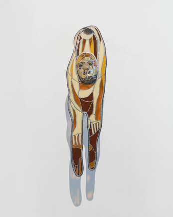 timo fahler, self-portrait as Michelangelo's Saint Bartholomew, 2021, steel, aluminum, stained glass, lead, 48 x 13 x 16 in for light first and foremost at Stanley's Gallery (now Sebastian Gladstone Gallery)