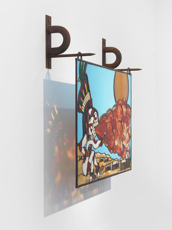 Mictlantecuhtli and the dust bowl, 2022, rebar, steel, stained glass, lead, 38.5 x 39 x 12 in.