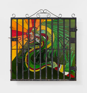timo fahler, I against i, 2024, found fence, steel, stained glass, grisaille, glass, lead, 53.5" H x 53" W x 7" D as part of Art Basel Miami with Sebastian Gladstone