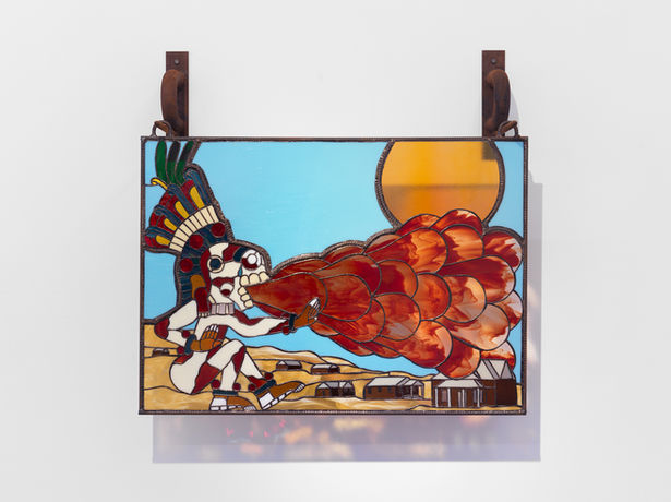 Mictlantecuhtli and the dust bowl, 2022, rebar, steel, stained glass, lead, 38.5 x 39 x 12 in.