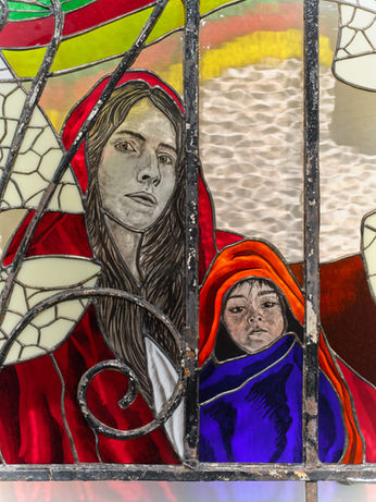 timo fahler, fever dream, 2024, found gate, steal, stained glass, grisaille, lead, 32" H x 84" W x 6" D as part of Art Basel Miami with Sebastian Gladstone