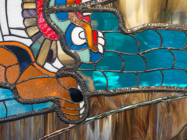 Tlaltecuhtli and the Creation myth, 2022, rebar, steel, stained glass, lead, 38.5 x 39 x 12 in.