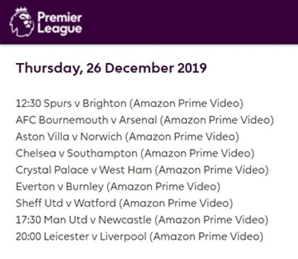 Kick-off times of games on 26-12-19 Re-s