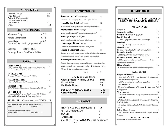 Take Out Menu Randi S Pizza Ital