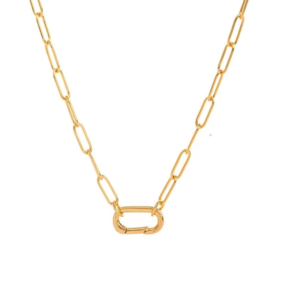 Gold chain necklace with rectangular clasp
