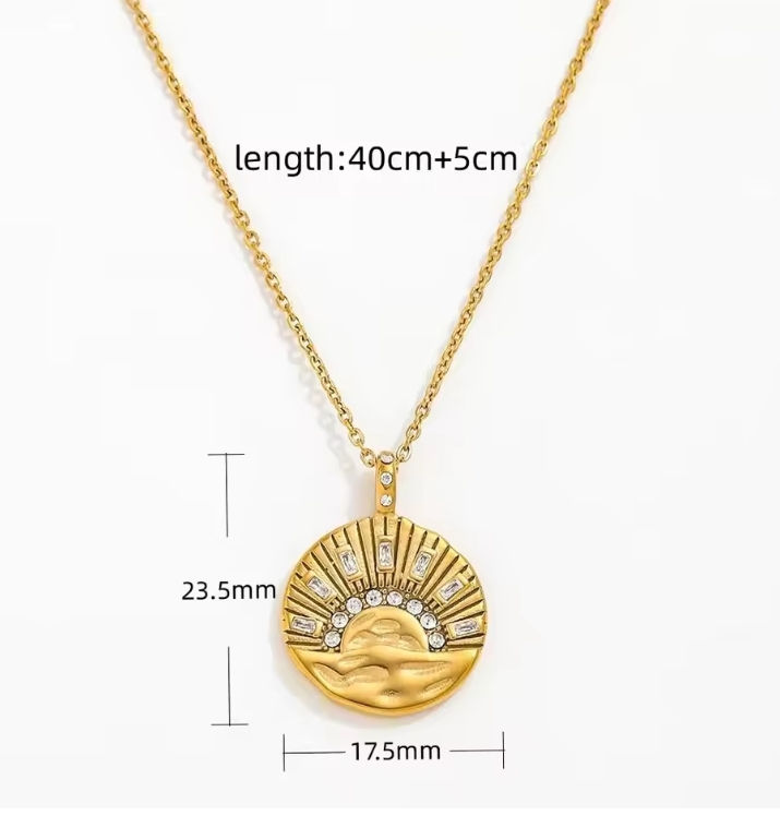 Thumbnail: Gold sunburst necklace, 40+5cm chain, 23.5x17.5mm