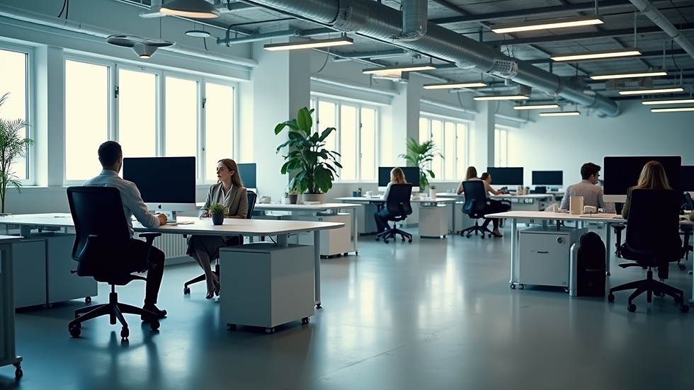 High angle view of a modern office space with collaborative workstations