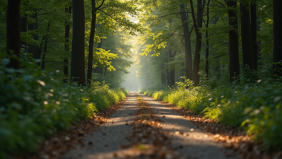 Eye-level view of a peaceful forest path surrounded by trees
