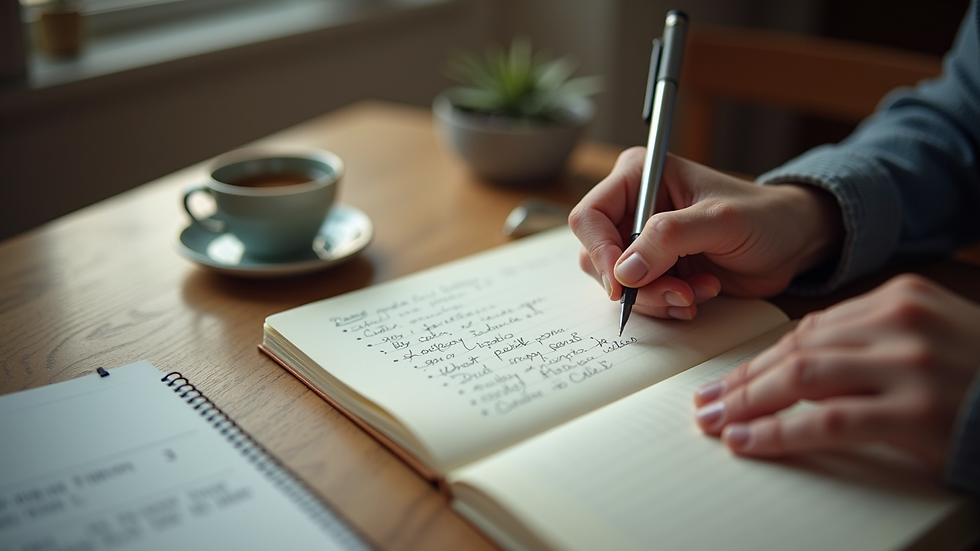 High angle view of a person writing goals in a journal