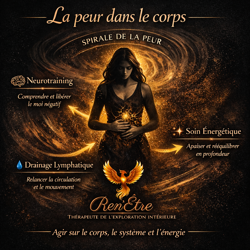 Illustration de la peur dans le corps avec une spirale émotionnelle et une approche globale associant neurotraining, drainage lymphatique et soin énergétique.
Cette image représente le lien entre système nerveux, blocages émotionnels et circulation de la lymphe, et met en lumière des solutions pour relancer le mouvement, apaiser le corps et libérer les tensions profondes.
👉 Accompagnement à Marseille en drainage lymphatique, neurotraining et soins énergétiques pour libérer la peur dans le corps et retrouver un équilibre durable.