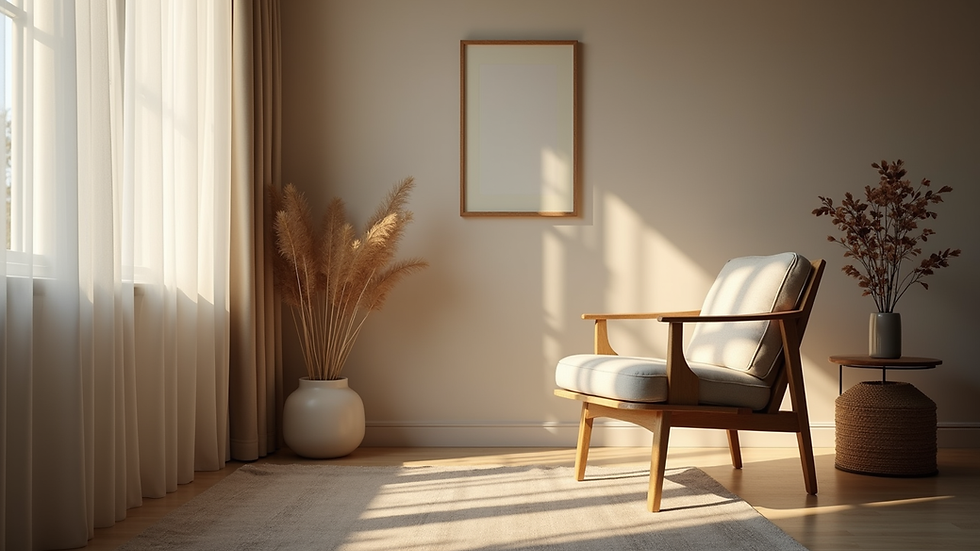 Eye-level view of a cozy room with a comfortable chair and soft lighting