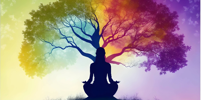 Imagem ilustrativa de uma pessoa em posição de meditação, emanando uma aura de concentração e serenidade, representando a essência da meditação para concentração. Fundo com árvores coloridas