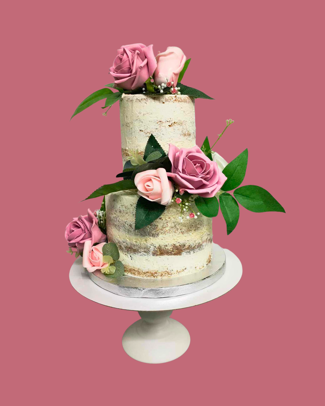 Semi-Naked Floral Cake – Rustic Tiered Design with Pink Roses