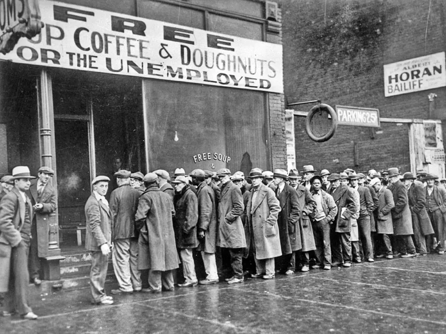 Great Depression era crowd showing economic distress and market contraction