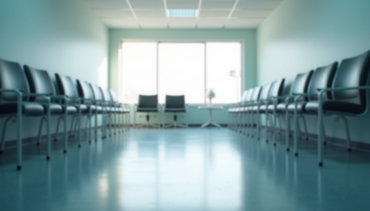 Empty waiting room with rows of black chairs along teal walls, large window in background. Calm atmosphere with natural light.