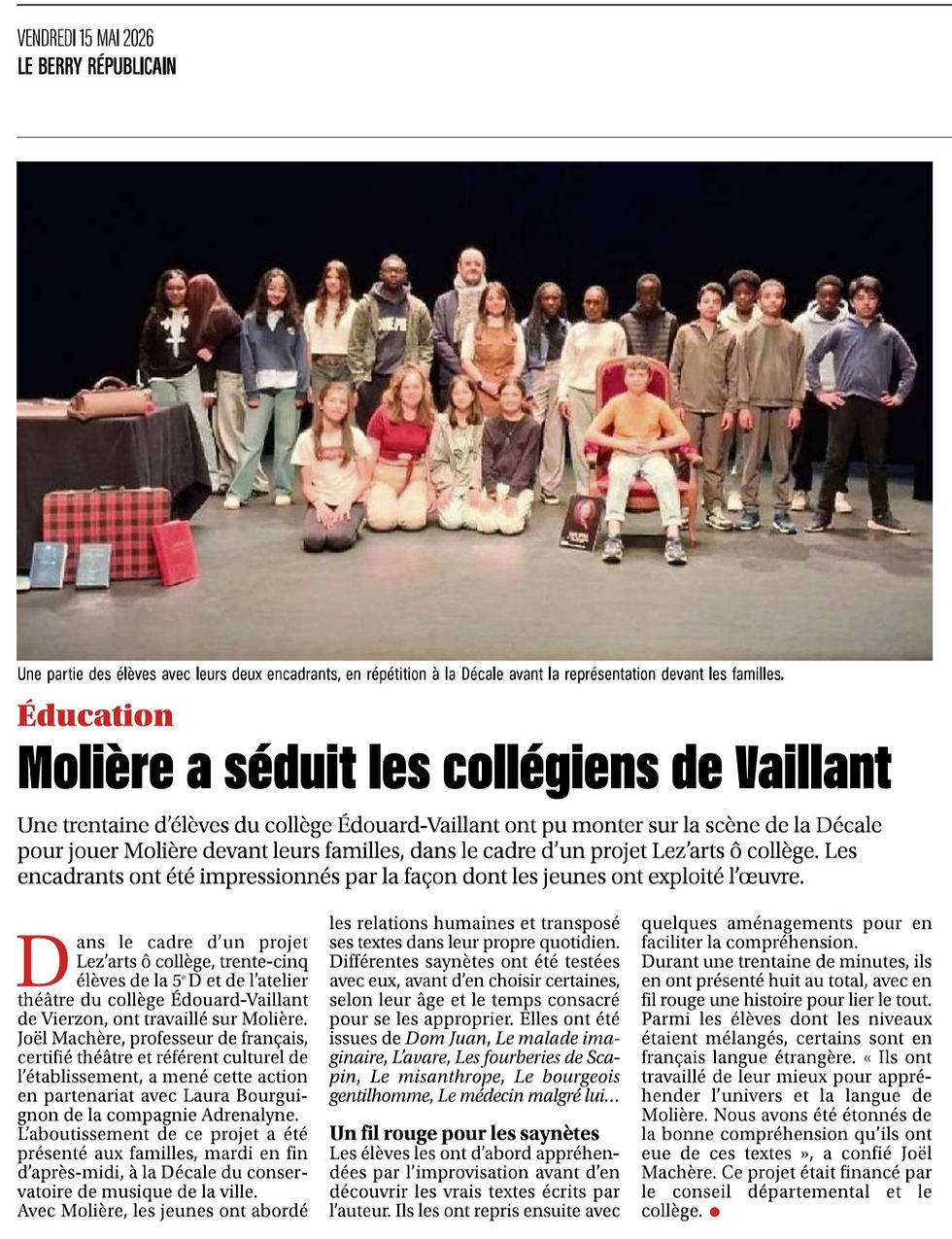 "Lez’arts ô collège"  : quand Molière rencontre les collégiens d’aujourd’hui à Vierzon