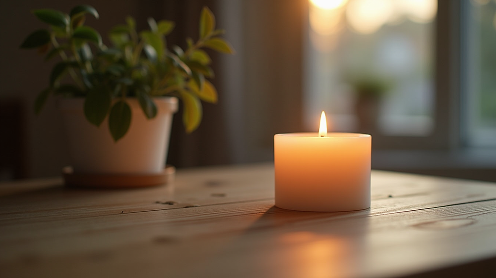 Close-up view of a small indoor plant beside a softly glowing candle on a wooden table