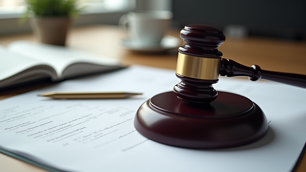 Close-up view of legal documents and a gavel on a desk