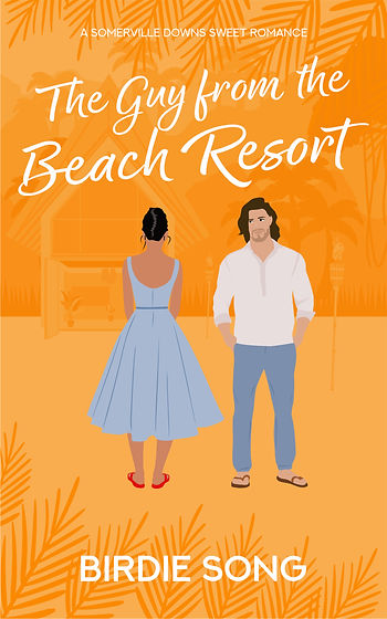 A woman in a blue dress facing a man in a white shirt. Orange beach backdrop with palm patterns. Text: The Guy from the Beach Resort.